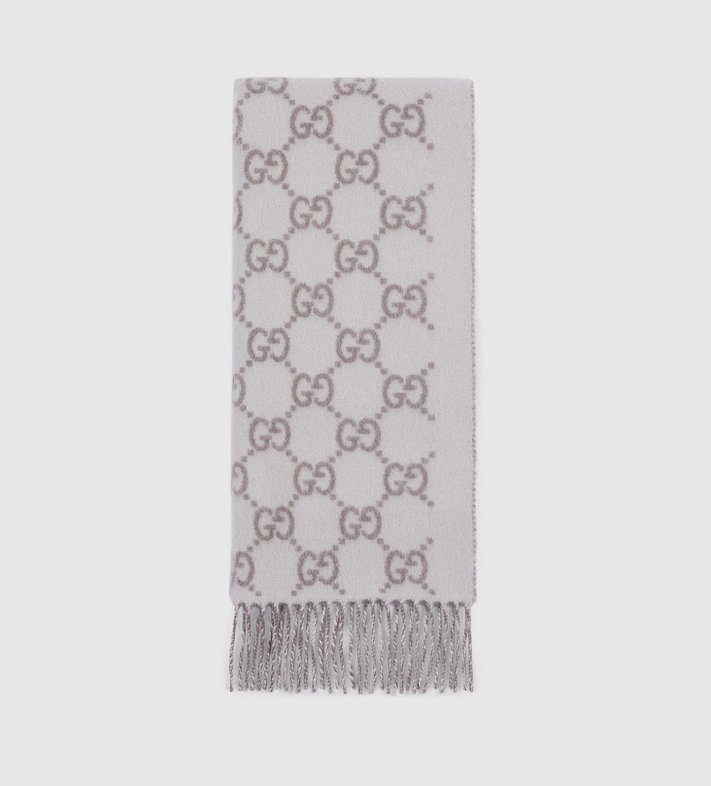 Bonnet et Écharpe en jacquard de cachemire GG ivoire et gris clair